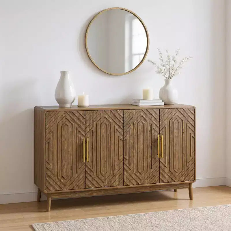 FurnitureR 55 Modern Wood Sideboard Buffet Cabinet with 4 Doors, Geometric Carved Design & Gold Handles for Dining Room, Living Room or Entryway