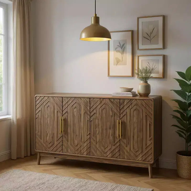 FurnitureR 55 Credenza Moderna in Legno con 4 Ante, Design Intagliato Geometrico e Maniglie Dorate per Sala da Pranzo, Soggiorno o Ingresso
