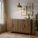 FurnitureR 55 Credenza Moderna in Legno con 4 Ante, Design Intagliato Geometrico e Maniglie Dorate per Sala da Pranzo, Soggiorno o Ingresso