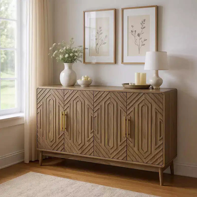 FurnitureR 55 Credenza Moderna in Legno con 4 Ante, Design Intagliato Geometrico e Maniglie Dorate per Sala da Pranzo, Soggiorno o Ingresso