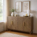 FurnitureR 55 Credenza Moderna in Legno con 4 Ante, Design Intagliato Geometrico e Maniglie Dorate per Sala da Pranzo, Soggiorno o Ingresso