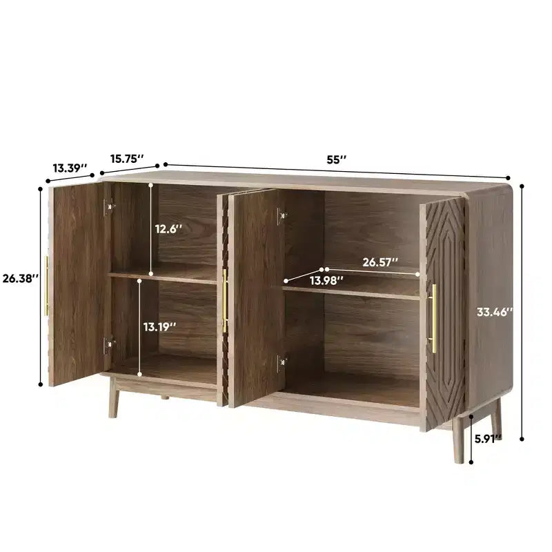FurnitureR 55 Credenza Moderna in Legno con 4 Ante, Design Intagliato Geometrico e Maniglie Dorate per Sala da Pranzo, Soggiorno o Ingresso