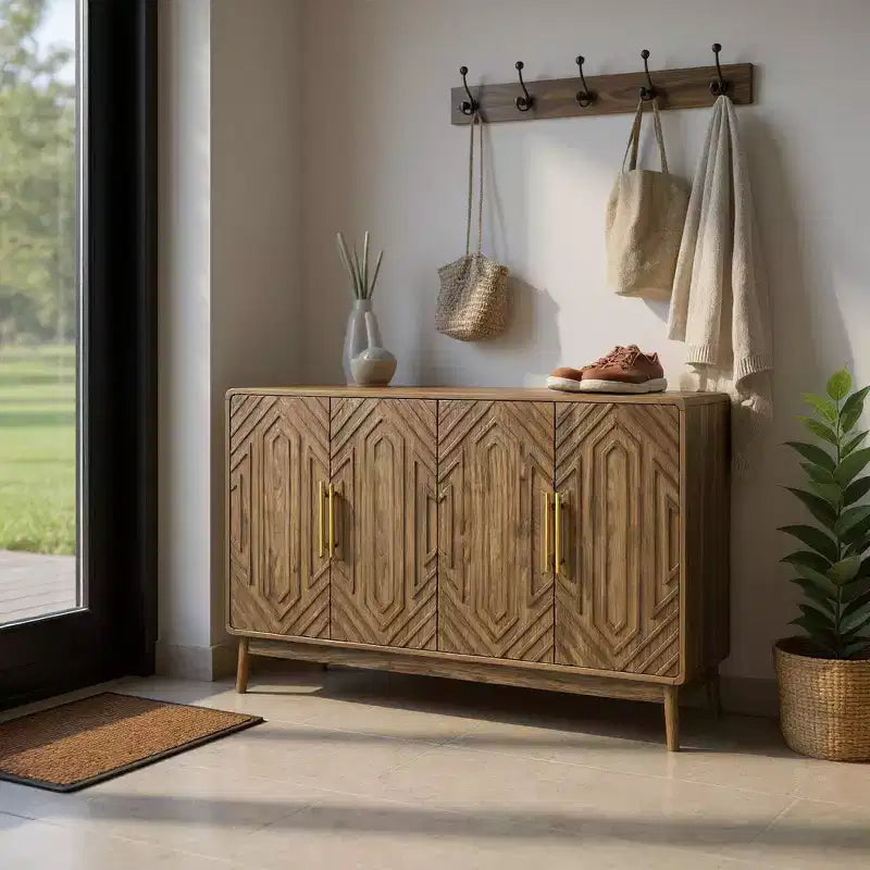 FurnitureR 55 Credenza Moderna in Legno con 4 Ante, Design Intagliato Geometrico e Maniglie Dorate per Sala da Pranzo, Soggiorno o Ingresso