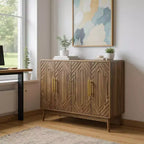 FurnitureR 55 Credenza Moderna in Legno con 4 Ante, Design Intagliato Geometrico e Maniglie Dorate per Sala da Pranzo, Soggiorno o Ingresso