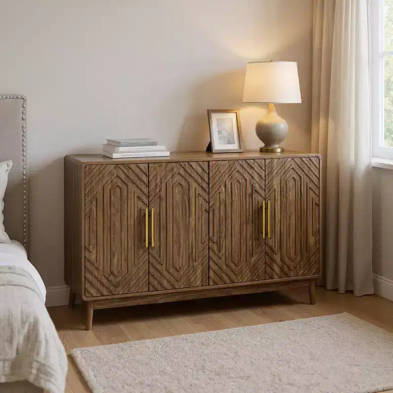 FurnitureR 55 Credenza Moderna in Legno con 4 Ante, Design Intagliato Geometrico e Maniglie Dorate per Sala da Pranzo, Soggiorno o Ingresso