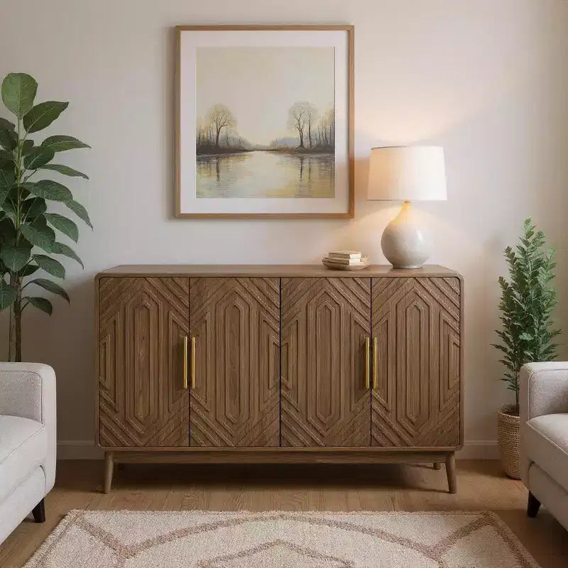 FurnitureR 55 Credenza Moderna in Legno con 4 Ante, Design Intagliato Geometrico e Maniglie Dorate per Sala da Pranzo, Soggiorno o Ingresso