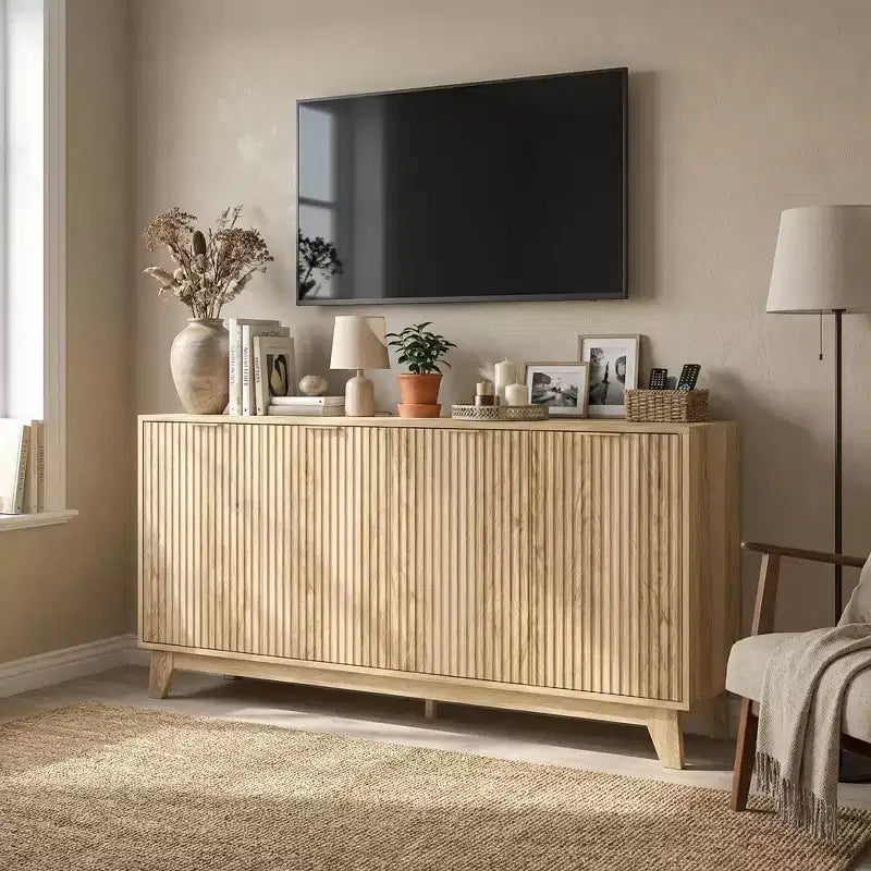 Buffet cannelé, Armoire de rangement cannelée moderne de 140 cm avec étagères réglables et portes, Buffet d'appoint pour cuisine, bar à café