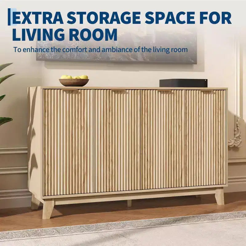 Buffet cannelé, Armoire de rangement cannelée moderne de 140 cm avec étagères réglables et portes, Buffet d'appoint pour cuisine, bar à café