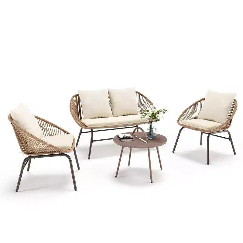 LAUSAINT HOME Set di mobili da giardino da 4 pezzi, Set di mobili da esterno in corda intrecciata bohémien traspirante con divanetto e tavolino da caffè portatile