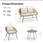 LAUSAINT HOME Set di mobili da giardino da 4 pezzi, Set di mobili da esterno in corda intrecciata bohémien traspirante con divanetto e tavolino da caffè portatile