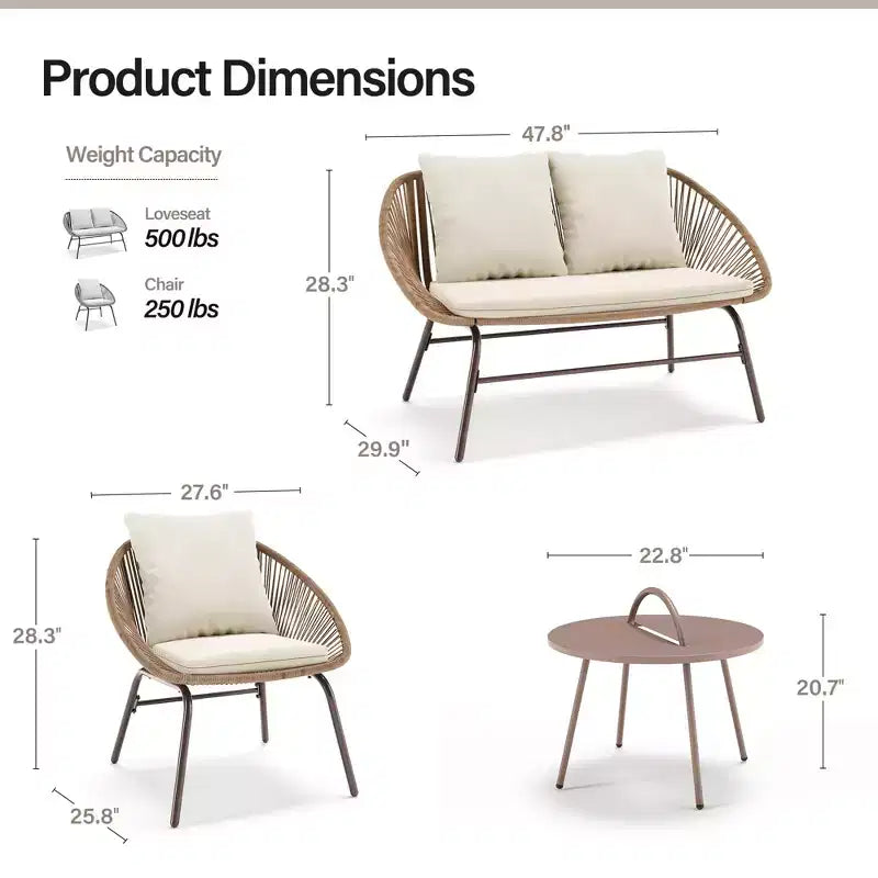 LAUSAINT HOME Set di mobili da giardino da 4 pezzi, Set di mobili da esterno in corda intrecciata bohémien traspirante con divanetto e tavolino da caffè portatile