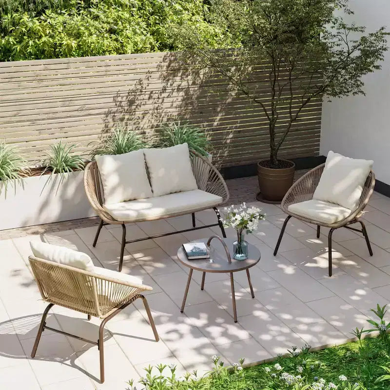 LAUSAINT HOME Set di mobili da giardino da 4 pezzi, Set di mobili da esterno in corda intrecciata bohémien traspirante con divanetto e tavolino da caffè portatile