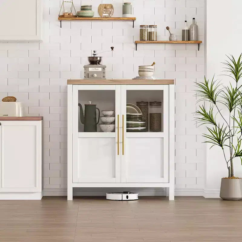 Madia moderna da 29" con ante in vetro, versatile credenza a buffet per cucina, soggiorno e sala da pranzo - Bianca