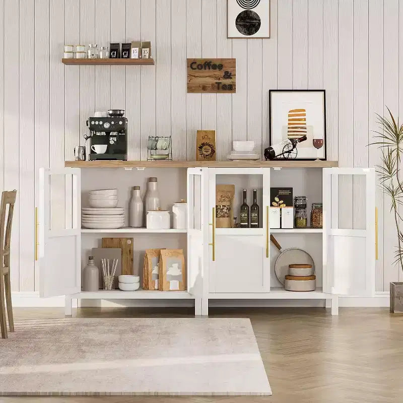 Madia moderna da 29" con ante in vetro, versatile credenza a buffet per cucina, soggiorno e sala da pranzo - Bianca