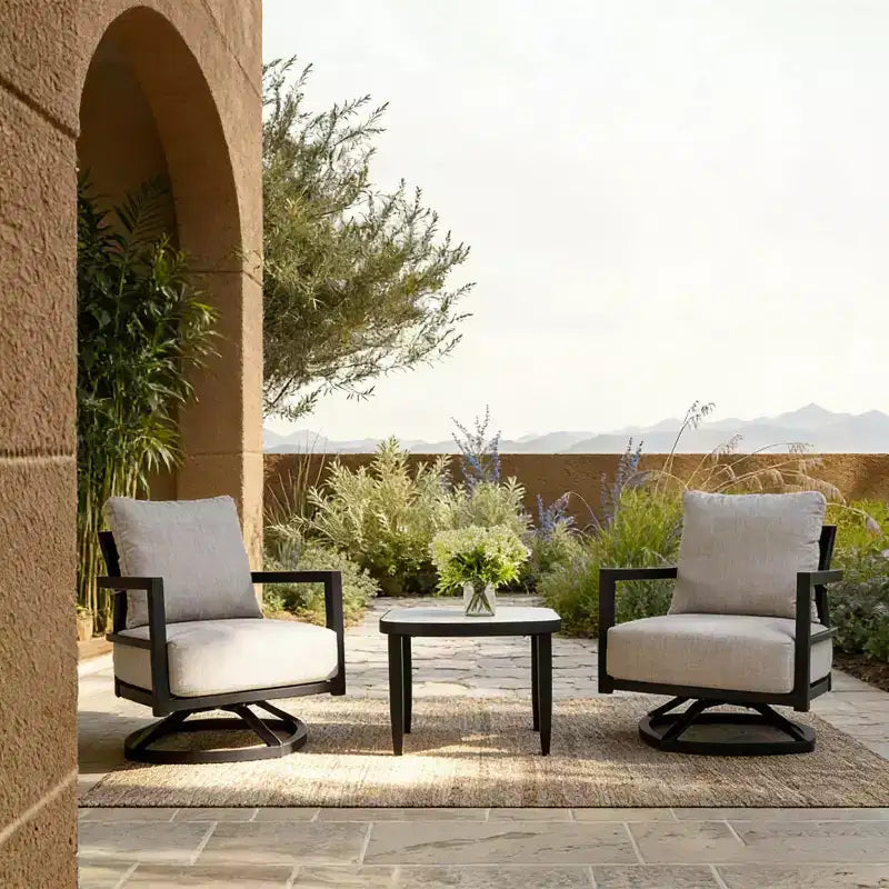 Set di 3 sedie girevoli da patio in alluminio, set di mobili da esterno con cuscini Sunbrella e tavolino per terrazza, giardino o balcone - Panipeachy