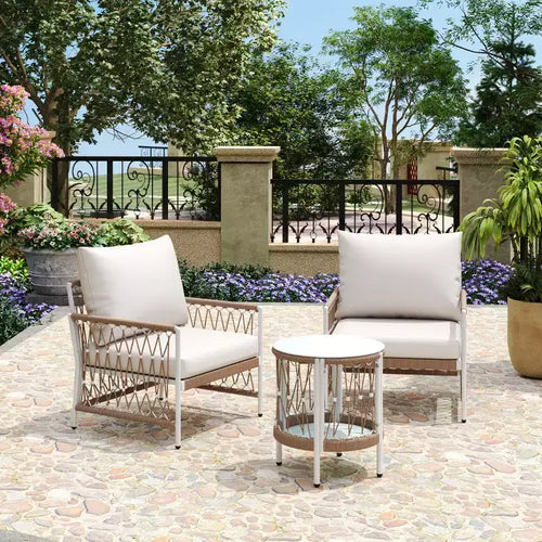 Ensemble de mobilier de patio bohème 3 pièces avec 2 chaises longues et une table d'appoint en verre, ensemble de conversation extérieur pour jardin ou piscine-Panipeachy
