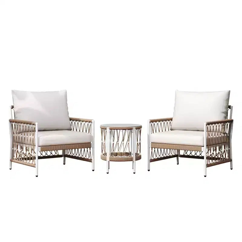 Set di mobili da patio Boho da 3 pezzi con 2 sedie a sdraio e tavolino con ripiano in vetro, set da conversazione per esterni per cortile o bordo piscina-Panipeachy