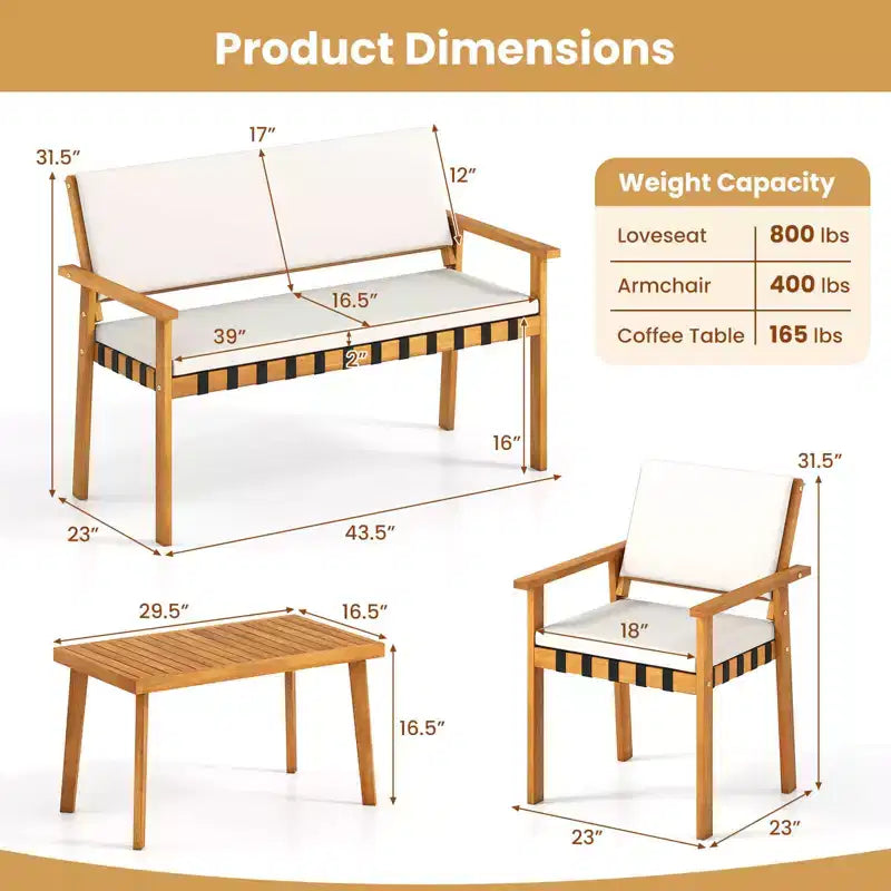 Costway Set Mobili da Giardino 4 Pezzi in Legno con Tavolino e Cuscini per Schienale, per Balcone, Veranda