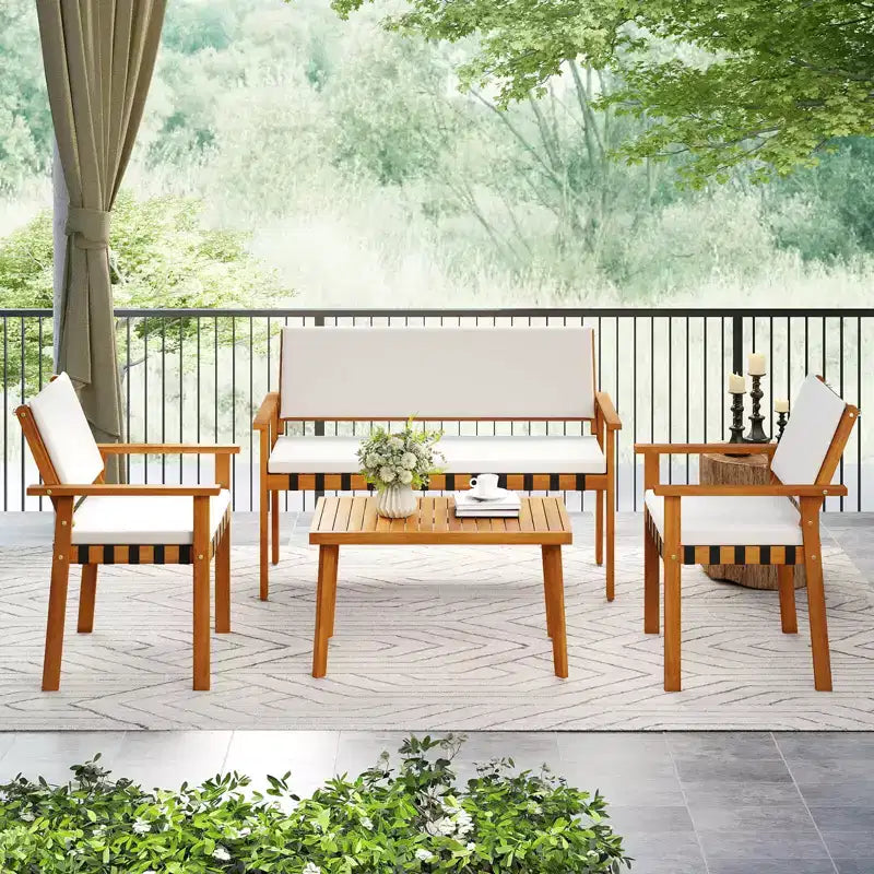 Costway Set Mobili da Giardino 4 Pezzi in Legno con Tavolino e Cuscini per Schienale, per Balcone, Veranda