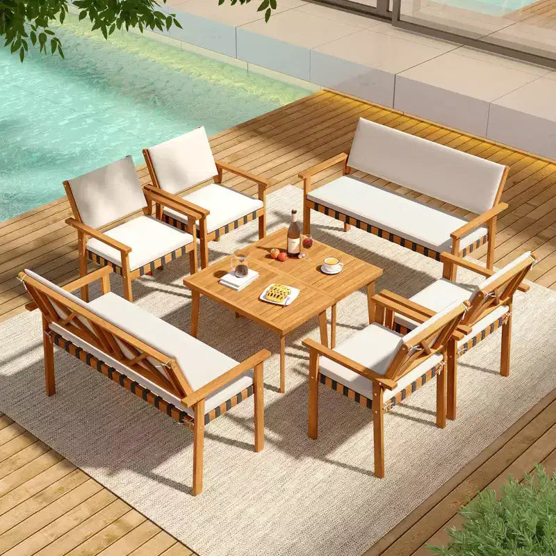 Costway Set Mobili da Giardino 4 Pezzi in Legno con Tavolino e Cuscini per Schienale, per Balcone, Veranda