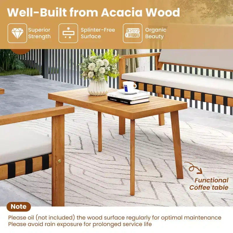 Costway Set Mobili da Giardino 4 Pezzi in Legno con Tavolino e Cuscini per Schienale, per Balcone, Veranda