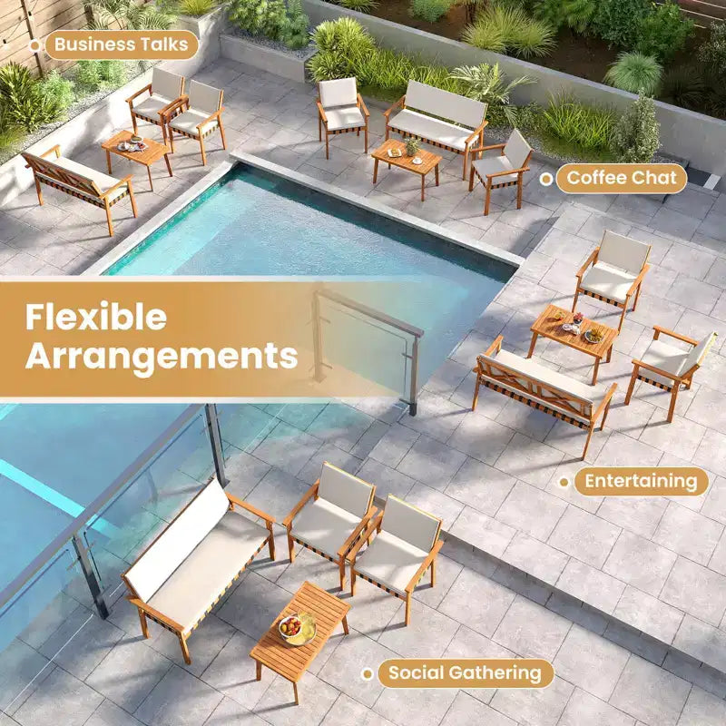 Costway Set Mobili da Giardino 4 Pezzi in Legno con Tavolino e Cuscini per Schienale, per Balcone, Veranda