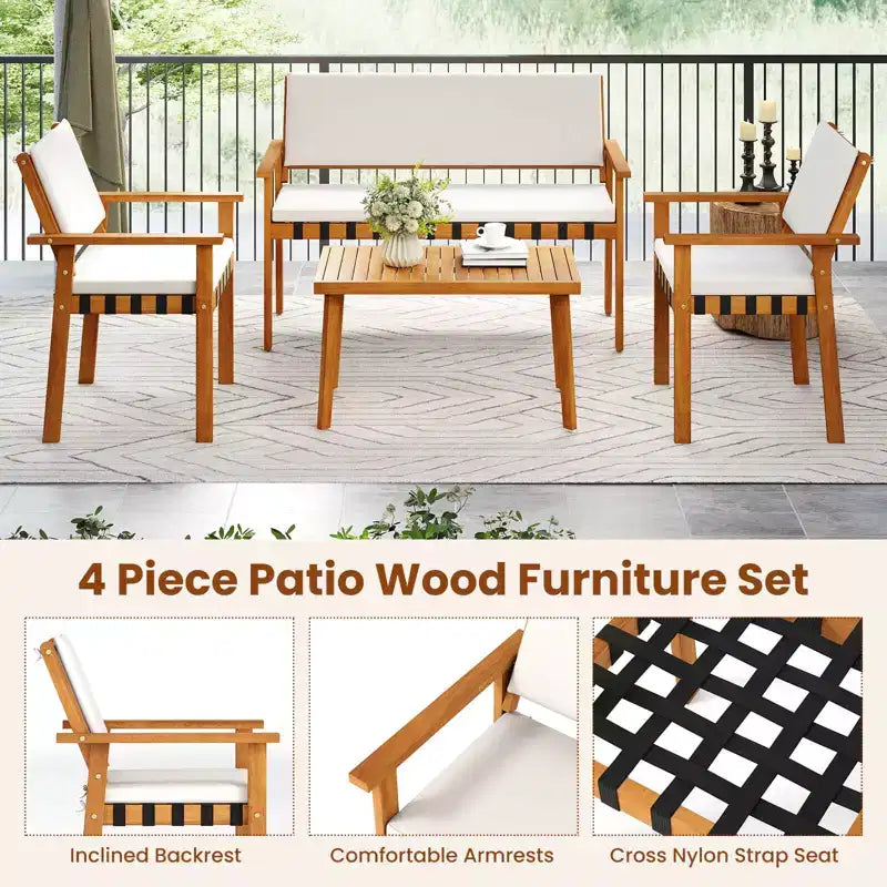 Costway Set Mobili da Giardino 4 Pezzi in Legno con Tavolino e Cuscini per Schienale, per Balcone, Veranda