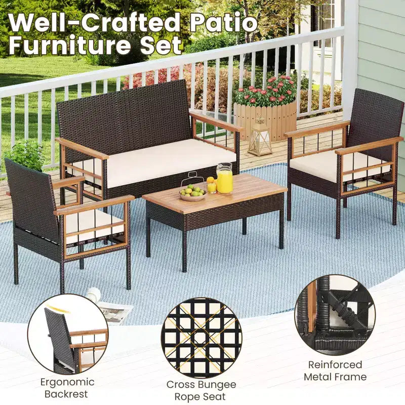 Costway Ensemble de Meubles en Rotin 8 Pièces avec Plateau de Table en Bois d'Acacia Accoudoirs Coussins pour Jardin