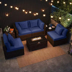 Costway Ensemble de Meubles de Jardin 7 Pièces Table Foyer à Gaz 40 000 BTU Housse pour Bouteille de Propane Table Marron Mixte + Bleu Marine/Rouge/Noir/Turquoise/Blanc Cassé