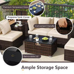 Costway Ensemble de Meubles de Jardin 7 Pièces Table Foyer à Gaz 40 000 BTU Housse pour Bouteille de Propane Table Marron Mixte + Bleu Marine/Rouge/Noir/Turquoise/Blanc Cassé