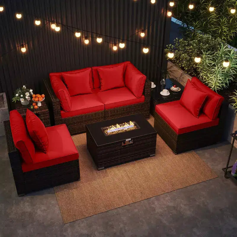 Costway Ensemble de Meubles de Jardin 7 Pièces Table Foyer à Gaz 40 000 BTU Housse pour Bouteille de Propane Table Marron Mixte + Bleu Marine/Rouge/Noir/Turquoise/Blanc Cassé