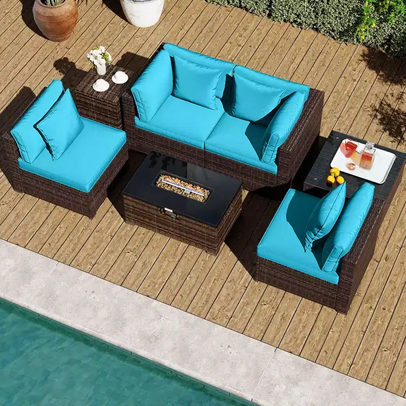 Costway Ensemble de Meubles de Jardin 7 Pièces Table Foyer à Gaz 40 000 BTU Housse pour Bouteille de Propane Table Marron Mixte + Bleu Marine/Rouge/Noir/Turquoise/Blanc Cassé