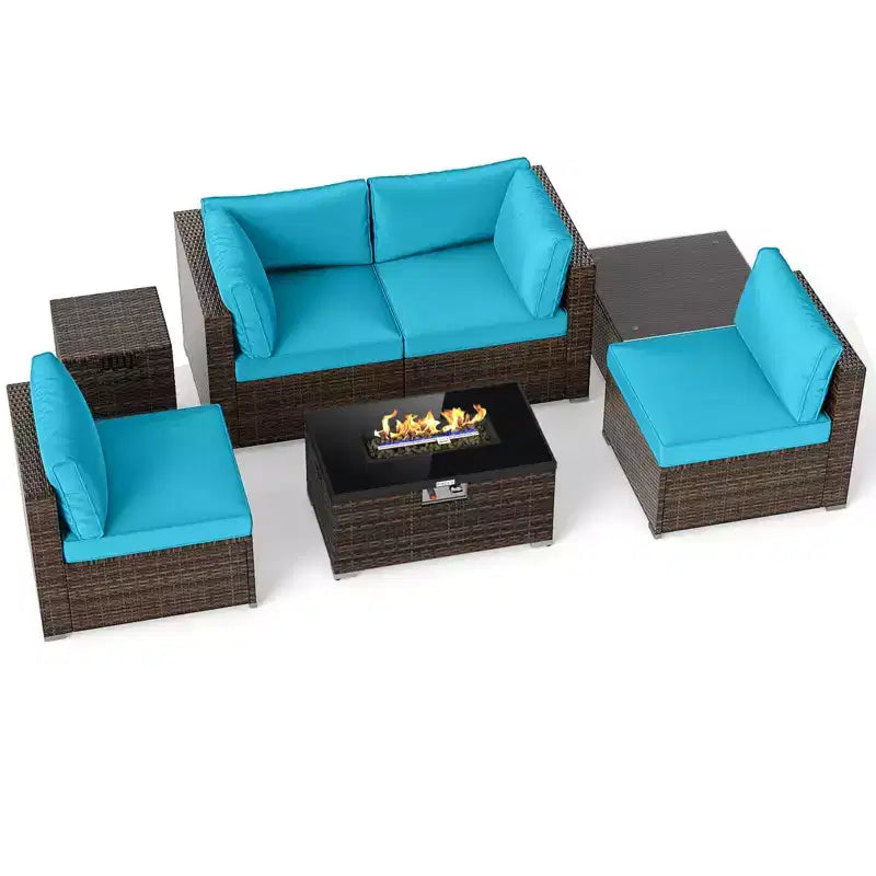 Costway Ensemble de Meubles de Jardin 7 Pièces Table Foyer à Gaz 40 000 BTU Housse pour Bouteille de Propane Table Marron Mixte + Bleu Marine/Rouge/Noir/Turquoise/Blanc Cassé