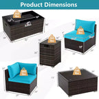 Costway Ensemble de Meubles de Jardin 7 Pièces Table Foyer à Gaz 40 000 BTU Housse pour Bouteille de Propane Table Marron Mixte + Bleu Marine/Rouge/Noir/Turquoise/Blanc Cassé