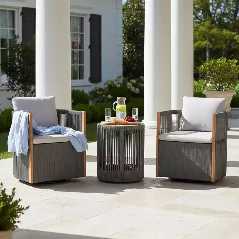 Christopher Knight Home Mason Set da Conversazione da Esterno Boho Moderno a 3 Pezzi in Legno di Acacia e Corda con Poltrone Girevoli e Tavolino Rotondo