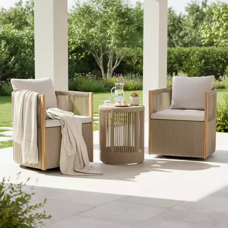 Christopher Knight Home Mason Set da Conversazione da Esterno Boho Moderno a 3 Pezzi in Legno di Acacia e Corda con Poltrone Girevoli e Tavolino Rotondo