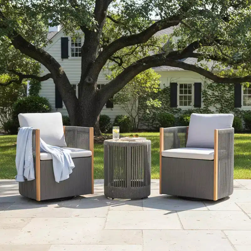Christopher Knight Home Mason Set da Conversazione da Esterno Boho Moderno a 3 Pezzi in Legno di Acacia e Corda con Poltrone Girevoli e Tavolino Rotondo