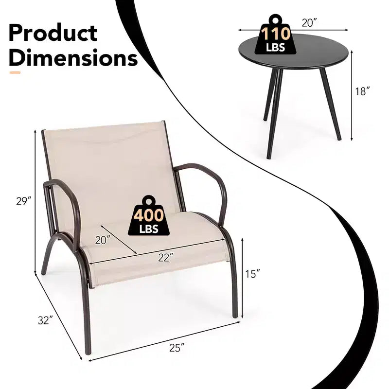 Set da 3 pezzi di sedie da patio Costway con seduta curva in tessuto e tavolino da caffè rotondo per giardino
