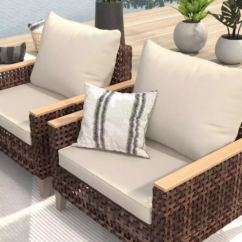 Ensemble de canapé d'extérieur 5 pièces Whisen Patio, salon de jardin en rotin pour 7 personnes avec coussins moelleux - Blanc