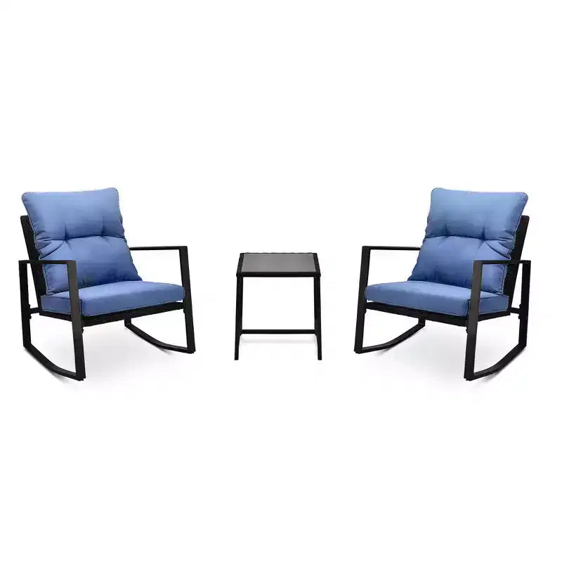 Ensemble de conversation d'extérieur 3 pièces Whisen : 2 fauteuils à bascule de patio avec coussin et 1 table – Bleu