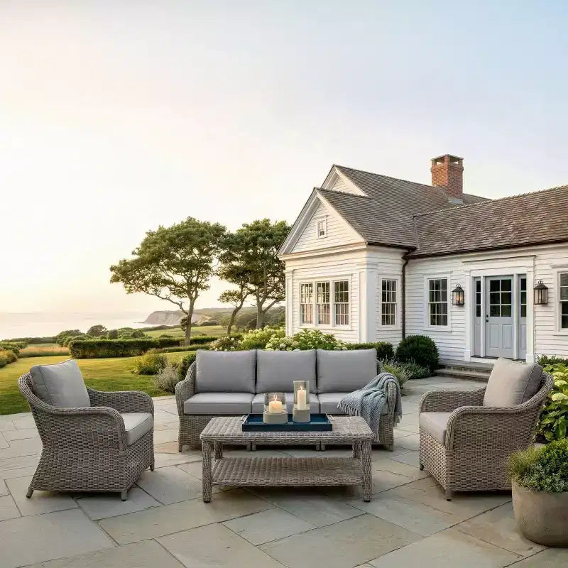 Divano da esterni in rattan intrecciato, 2 sedie, tavolino da caffè Martha Stewart All-Weather - Grigio invecchiato