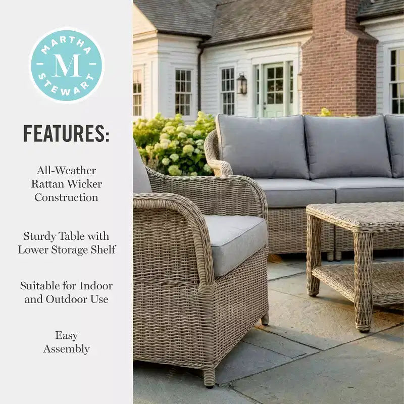 Divano da esterni in rattan intrecciato, 2 sedie, tavolino da caffè Martha Stewart All-Weather - Grigio invecchiato