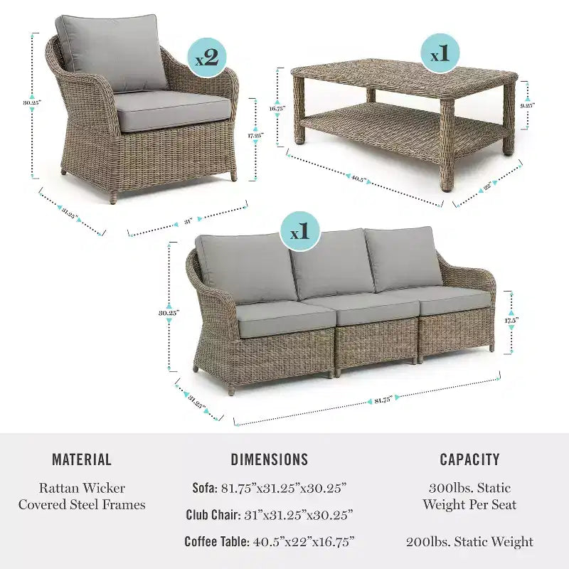 Divano da esterni in rattan intrecciato, 2 sedie, tavolino da caffè Martha Stewart All-Weather - Grigio invecchiato