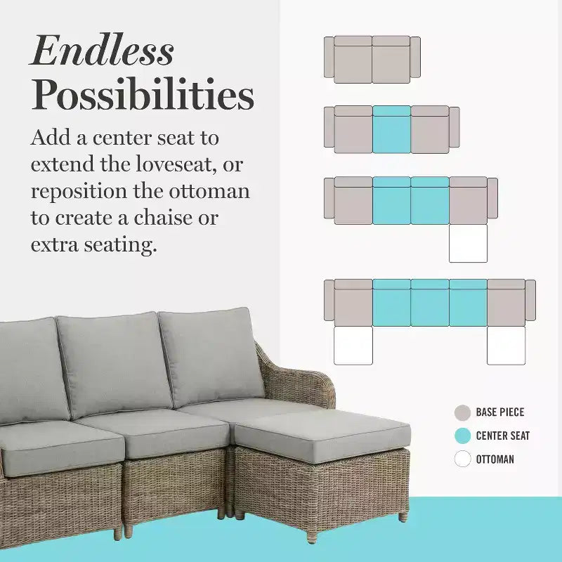 Divano da esterni in rattan intrecciato, 2 sedie, tavolino da caffè Martha Stewart All-Weather - Grigio invecchiato