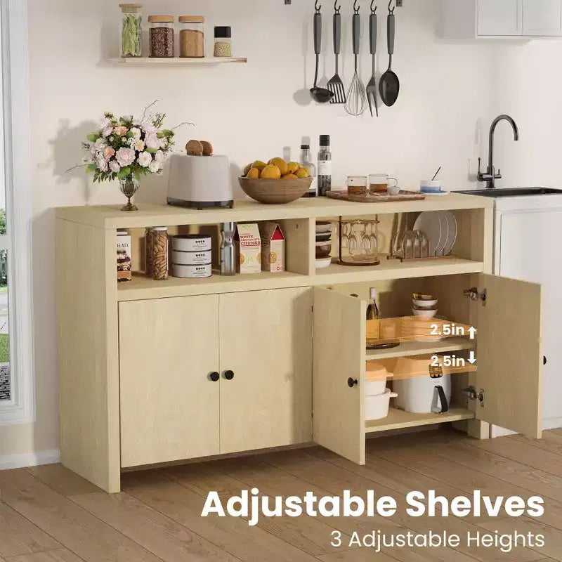 Credenza a buffet rustica da 55" - Mobile bar a 4 ante in legno con ripiani regolabili per cucina, sala da pranzo e soggiorno