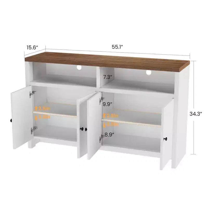 Credenza a buffet rustica da 55" - Mobile bar a 4 ante in legno con ripiani regolabili per cucina, sala da pranzo e soggiorno