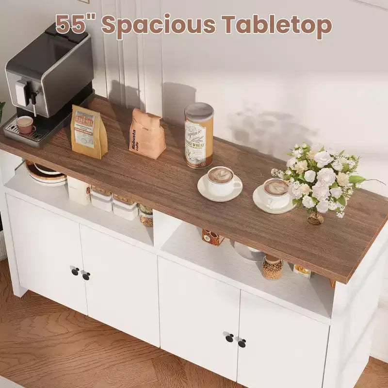 Credenza a buffet rustica da 55" - Mobile bar a 4 ante in legno con ripiani regolabili per cucina, sala da pranzo e soggiorno