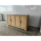 Credenza/Buffet in Rattan, Mobile Contenitore da 59" con 4 Ante, Ripiano Fisso e Maniglie in Metallo