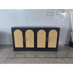 Credenza/Buffet in Rattan, Mobile Contenitore da 59" con 4 Ante, Ripiano Fisso e Maniglie in Metallo