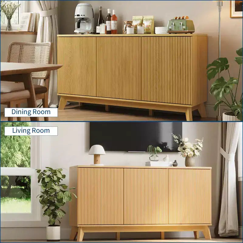 Credenza da buffet moderna da fattoria con scanalature, mobile credenza in legno da 58" con 3 ante e ripiani regolabili
